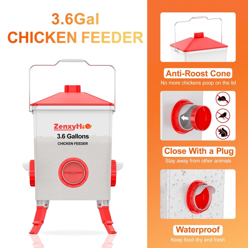 ZenxyHoC 3.6 Gal Chicken Feeder with Anti-Roost Cone, 3 Height