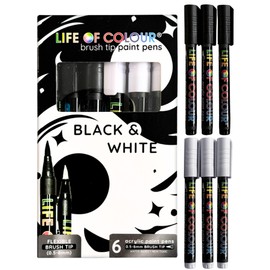 Life of Colour Paint Pens - Set of 6 Black and White Brush Tip Acrylic Paint Pens, the Ultimate Contrast Pack for Mandala Art, Rock Painting, Ceramics and Calligraphy - Permanent and Waterproof Pens