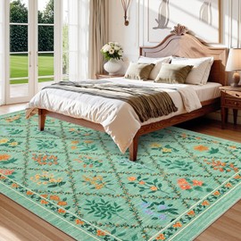 GarveeHome Farmhouse Area Rugs 5x7 Ultra-Soft Geometric Throw Rugs, Non-Shedding Flower Print Floor Carpet, Foldable Low Pile Indoor Mat for Living Room, Kitchen, Bedroom, Green