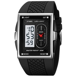 Gosasa Fashion Men's Digital Analog Watches Square Face Sport Casual Dual Display Multifunctional Wristwatch for Men with Alarm Waterproof LED Luminous (Silver)