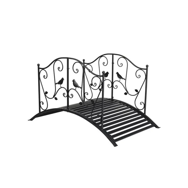 119*67*71cm Black Iron Courtyard Bridge with Bird Pattern Arched Handrail