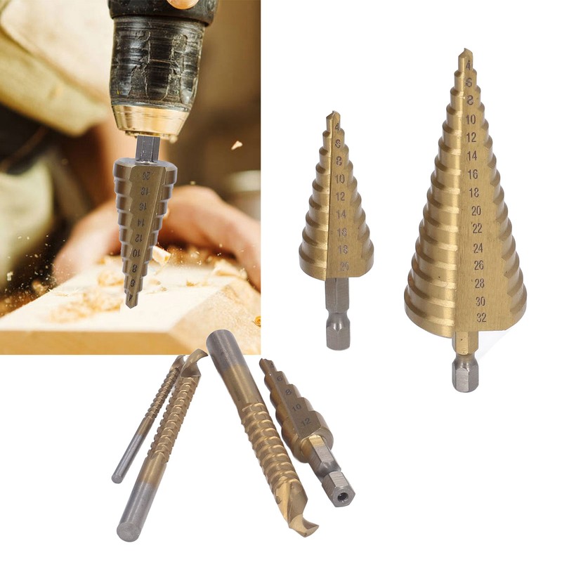 3Pcs Step Drill Bit Hex Shank Straight Grooved HSS Ti