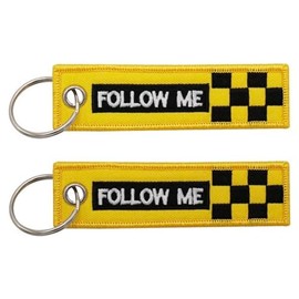 Pinstant Follow Me Black Yellow Checkered Flag Racing Rac Car Motorcycle Driver Driving Embroidered Keychain Key Tag Chain Fob Ring