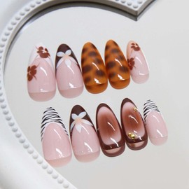 Hkanlre Flower Press on Nails Pink Medium Fake French Nails Tips Full Cover Almond Leopard Print False Nails for Women 24PCS