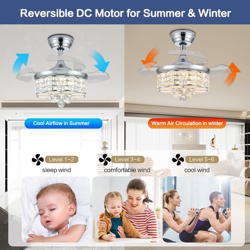 Zynfandor 30" RGB Crystal Retractable Ceiling Fan with Light Dimmable