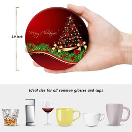 Drink Coasters for Drinks Set of 6, Gold Christmas Tree with Ribbon Absorbent Round Ceramic Stone Mat, with Cork Base and Metal Holder, Home Bar Decor House Warming Gift