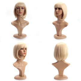 Leuik 12 Inch/30cm Bob Wig with Flat Bangs|Short Bob Wigs for Girls|Bob Wigs for Black Women (light blonde)