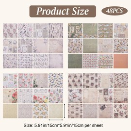 URROMA Pack of 48 Vintage Floral Scrapbook Collage Supplies Pack, 4 Styles Scrapbook Embellishments DIY Card Decor for Photo Frame Album Notebook Journal