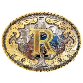 Western Belt Buckle Initial Letters ABCDMRJ to Z Cowboy Rodeo Small Gold Belt Buckles for Men Women (R)