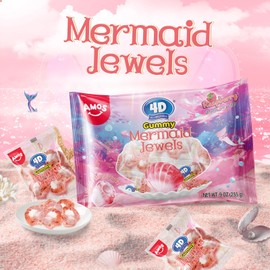Amos 4D Gummy Candy Mermaid Jewels Fruity Filled, Soft Center Jelly-filled Seashell Candy, Raspberry Flavor Christmas Candy (9oz Pack) pink