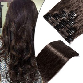 Clip-In Real Hair Extensions, 8 Pieces, 18 Clips for Women, Full Head, 12 inches / 30 cm – 55 g, #2 Dark Brown