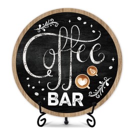 Coffee Bar Sign, Coffee Decorations for Coffee Bar, Farmhouse Round Wood Plaque with Stand, Coffee Signs for Coffee Station Home Kitchen Office, Gifts for Coffee Lovers Colleagues Friends (01)