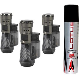 Vertigo Cyclone Triple Torch Cigar Lighter Charcoal or Clear 3 Pack Plus 1 Lotus 90ml Butane Can (Charcoal)