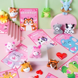 JOYIN 28 Pack Valentines Day Gift Cards with Mini Plush Animals Toys, Cute Mini Animal Plush Toys for Valentines Party Favor, Classroom Exchange Cards and Valentine Greeting Cards
