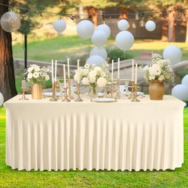 Pearled Ivory Spandex Table Skirts Table Covers for Rectangle Tables 4ft, Pearled Ivory Stretchable Folding Table Cloth for Weddings, Birthday Parties, Banquet, Baby Shower