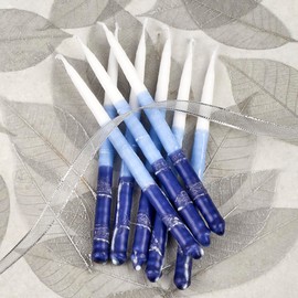 Deluxe Chanukah Candles for Menorah Set of 45 Multi Blue & White Frosted 1-Hour Decorative Hanukkah Candles Thin Tapered Candle with DIY Dreidel Prayer Song Card by Zion Judaica