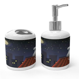 Ambesonne Animal Soap Dispenser & Toothbrush Holder Set, Cats on The Roof Couple Valentines Animal Kitten Kitty Night Full Moon Starry Sky, Ceramic Bathroom Toiletry Accessories, 2 Pcs, Grey Yellow