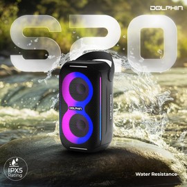 Dolphin New! Waterproof Portable Party Speaker S20: Compact Design, HD Lightshow - Ideal for Beach, Pool, Shower, Camping, All Outdoor Adventures (Black)