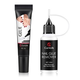Curvlife 10g Semi-Solid Glue and 15ml Pinpoint Glue Remover Kit - Gel for Press on Nails, Quick Dry No UV Lamp Needed with Gentle Non-Acetone Remover, Fake Nail Tips