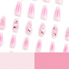 PDFADSK Pink Press on Nails Long Square Coffin Fake Nails Cartoon False Nails with 3D Heart Pearl Star Nail Charms Design Acrylic Nails Full Cover Y2K Pink Artificial Nails for Women Girls 24Pcs