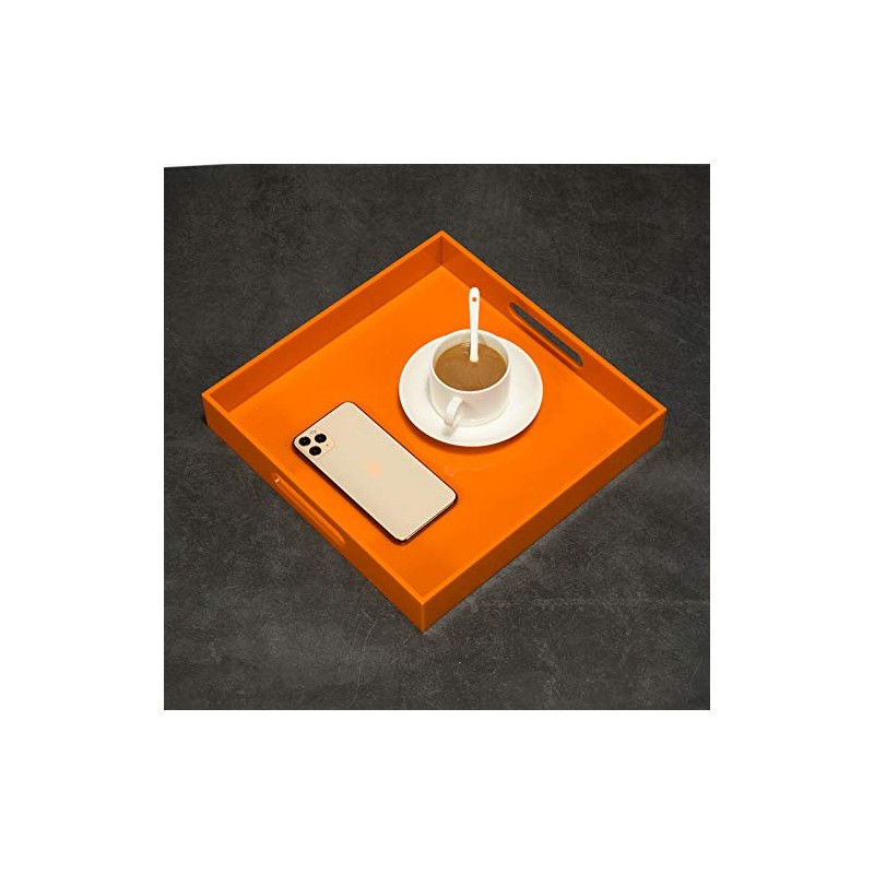 KEVLANG Orange Sturdy Acrylic Serving Tray with Handles-12x12Inch-Serving Coffee,Food,Breakfast,Butler-Kitchen Countertop