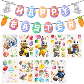 Qaziuy Easter Window Stickers & Happy Easter Banner, Easter Bunny Glass Stickers Easter Egg Bunny Bunting Garland for Easter Party Supplies