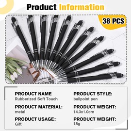 38 Pieces Rubberized Ballpoint Pen with Stylus Tip Stylish Metal Pen Capactive Styli Pen with Soft Rubberized Grip, Black Ink Pen for Most Touch Screen Devices (Black)