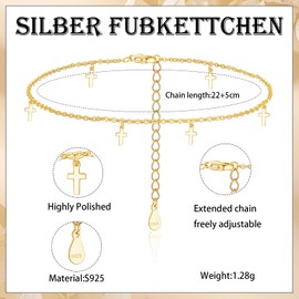 Estrellique 925 Sterling Silver Anklet for Women, Silver 925 Adjustable 22 + 5 cm Chain Anklet Bracelet, Small Cross Star Moon Pendant Anklet, Waterproof Barefoot Summer Beach Ankle, Sterling Silver