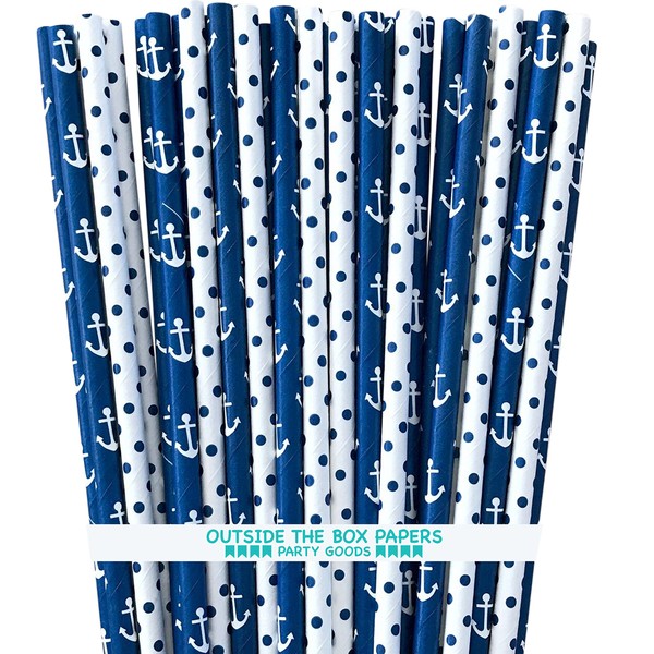 Nautical Theme Anchor and Polka Dot Nautical Theme Paper Straws - Navy Blue and White - 7.75 Inches - 100 Pack