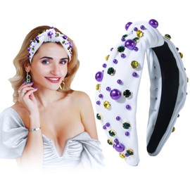 Festive Headbands for Women, Beaded Pearl Rhinestone Crystal Jeweled Hairband, Holiday Headbands for Women, Pearl Hair Accessory, Fashion Elegant Ladies Wide Top Knot Hair Bands. (White, Medium)