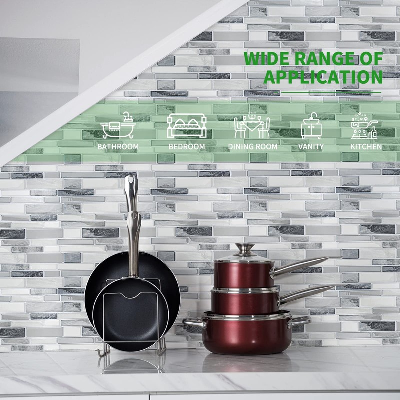 LONGKING Self-Adhesive Kitchen Backsplash, Marble Look Decorative Tiles (10 Tiles)