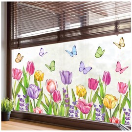 JarThenaAMCS Spring Summer Tulip Window Clings Floral Butterfly Window Stickers Colorful Flower Double-Sided Glass Decals for Easter Classroom Home Office Party Decor, 9 Sheets