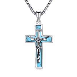 OHAYOO Crucifix Necklace 925 Sterling Silver Cross Chain Men's Cross Necklace Jesus Pendant Abalone / Turquoise / Malachite Silver Chain with Cross Men's Jewellery for Men, Sterling Silver, Created