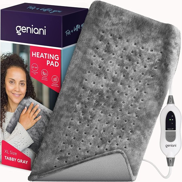 GENIANI XL Heating Pad for Back Pain & Cramps Relief, FSA HSA Eligible, Auto Shut Off, Machine Washable, Moist Heat Pad for Neck and Shoulder, Electric Heat Patch for Knee, Leg, Tabby Gray 12'‘×24’’