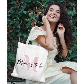 SZERE Initial M Mommy to Be Gifts Pink Canvas Tote Bag for Women, New Mom Gifts, Mommy to be Gift Tote Bag, Girls Tote Bag, Initial Gifts for Women Reusable Shopping Bags, Alphabet Tote Bag for Women
