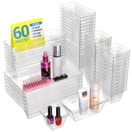 YAN & HIN Set of 60 Stackable Non-Slip Acrylic Clear Storage Organizers for Organization and Storage -4 Sizes Cabinet Organizer for Make up Tray, Kitchen Drawer Bins, and Desk Vanity Drawer Organizer