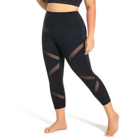 MEJING Plus Size Workout Leggings with Pockets, Womens Capri Yoga Pants High Waisted Tummy Control Mesh Activewear Athletic Leggins Black XL