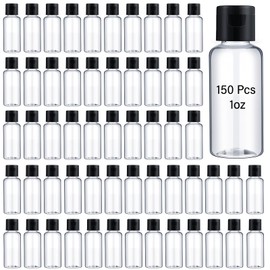 Mimorou 150 Pcs 1oz Travel Bottles Bulk for Toiletries Clear Small Travel Size Bottles Bulk Refillable Empty Containers for Shampoo Lotion Liquid Body Soap Cream Toiletries(Black Cap)