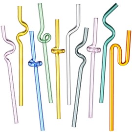 Gerrii 10 Pcs Wavy Glass Straws Twisty Straws Reusable Colorful Silly Glass Straws Bulk Christmas Glass Straw Gifts for Drinking Beverages Coffee Wine Drinks(Cute)