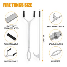 KEESHA 40" Fire Tongs Fire Pit Tongs Set, 40" Fire Poker Set Stainless Steel Log Grabbers Fire Pit Tools Fireplace Tongs for Outdoor Indoor Campfire Picnic Backyard Accessories