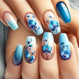 24 Pcs French Press on Nails Medium Square Flower Fake Nails with Gradient Designs Glue on Nails Blue Floral False Nails Full Cover Stick on Nails for Women Manicure Decor