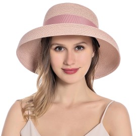 Muryobao Womens Sun Straw Hat Summer UV Protection Travel Foldable Wide Brim Bucket Hat Vintage Cloche Beach Fishing Cap UPF 50+ Pink