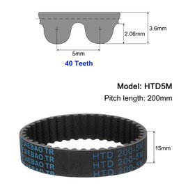 sourcing map 2pcs HTD-5M Rubber Timing Belt 40 Teeth, 200mm Pitch Length x 15mm Width x 3.6mm Height, Closed Loop Pulley Timing Belt