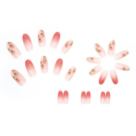 Medium Length Press on Nails Almond, Artificial Acrylic Fake Nails with flower Designs, 24Pcs Full Cover Reusable Coffin Gradient Pink False Nails Set, Women Glue on Nails Stick on Nails for Nail Art