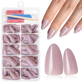 AddFavor Press on Nails Almond Medium Fake Nails Press ons, 240pcs Dark Nude Almond Press on Nails False Acrylic Glue on Nails for Women with Adhesive Tabs