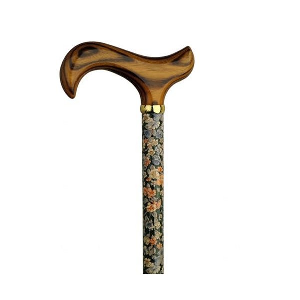 Walking Cane Fall Harvest. This Walking Stick Cane has an Elegant Floral Print on Maple Wood Shaft with scorched Derby Handle. This Wooden Cane has a Weight Capacity of 250 pounds and 36 inches Long