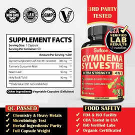 Satoomi Pure Gymnema Sylvestre Capsules Extract - 90 Capsules for 3-Month - Combined with Neem Leaf, Holy Basil & Turmeric Curcumin Root