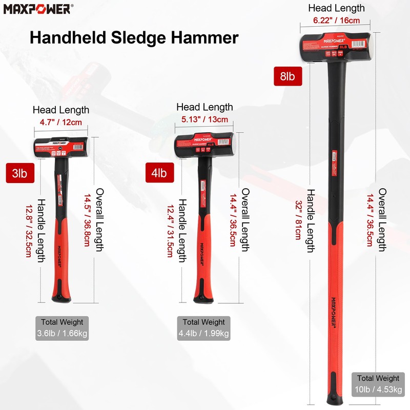 MAXPOWER 3lb Sledge Hammer, Drop forged Steel Head, 12.8 inch