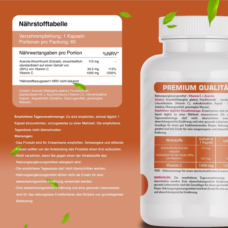 Vitamin C + Acerola 60 Kapseln Unterstützt die Immunität