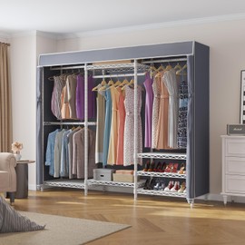 VIPEK V5C Portable Bedroom Armoires Wardrobe Closet with Cover, Heavy Duty Covered Clothes Rack Adjustable Closet Rack, White Metal Clothing Rack with Grey Oxford Fabric Cover, 68.9" Lx15.7 Wx76.4 H